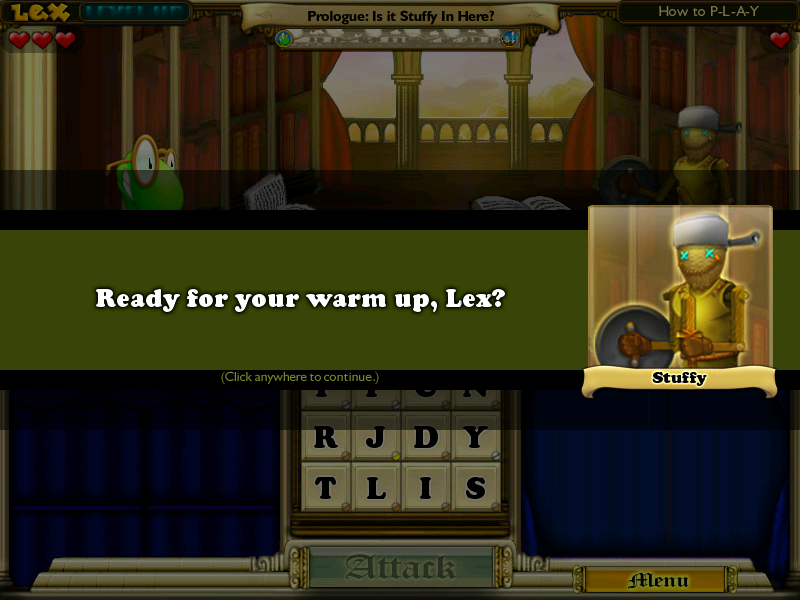 Bookworm Adventures Volume 2 (Windows) screenshot: Stuffy, the tutorial dummy