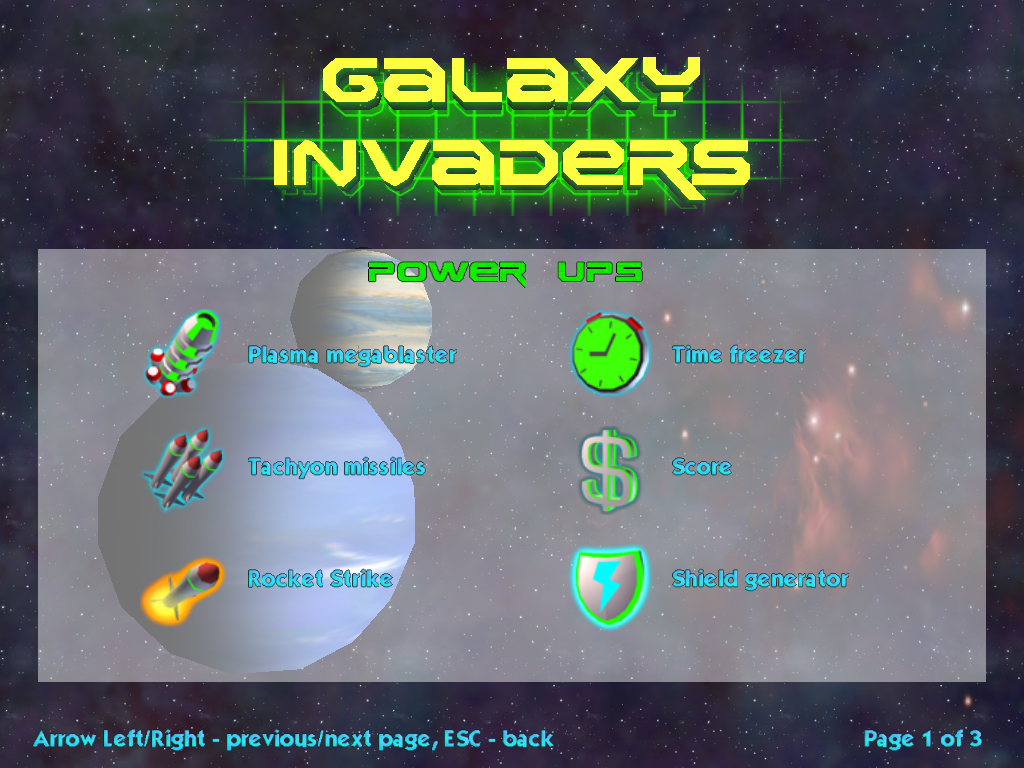 Galaxy Invaders (Windows) screenshot: Help screen