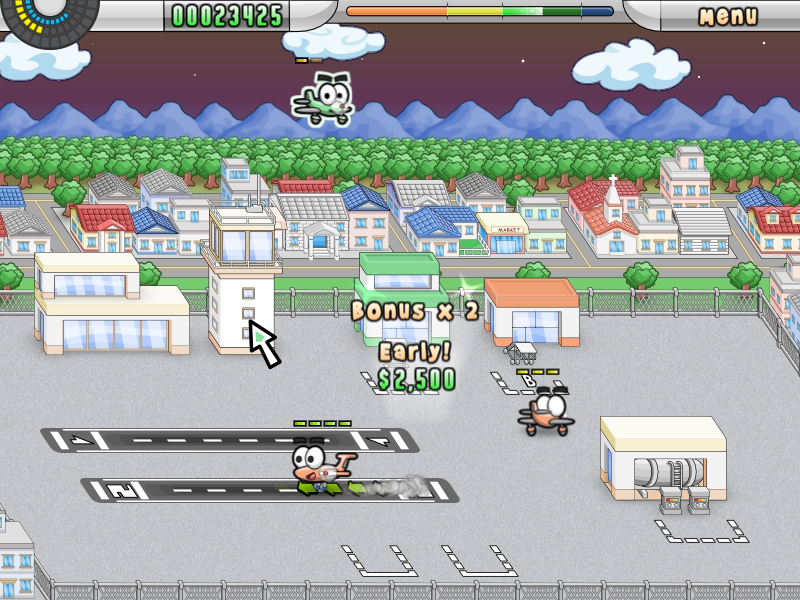 Airport Mania: First Flight (Windows) screenshot: The plane in the sky is getting a little annoyed of waiting.