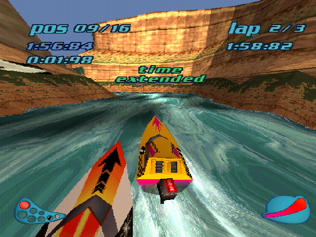 Turbo Prop Racing (PlayStation) screenshot: Every time we end a lap, the time extends (as usual).