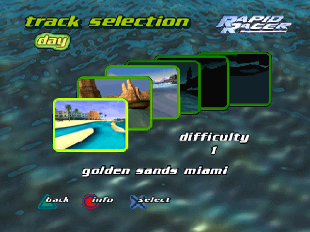 Turbo Prop Racing (PlayStation) screenshot: The available tracks, each one harder than the one before...