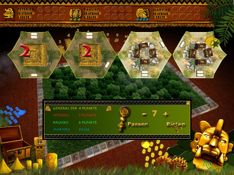 Expedition nach Tikal (Windows) screenshot: Expert mode: Bidding on new fields