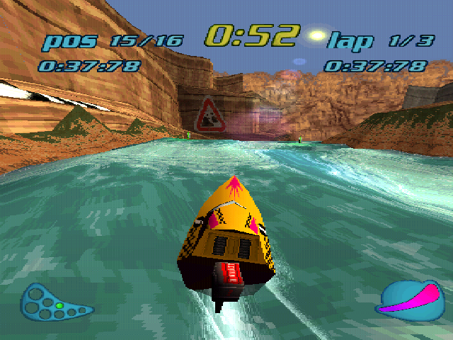 Turbo Prop Racing (PlayStation) screenshot: "Relative" water jump ahead.