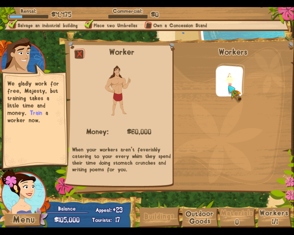 Coconut Queen (Windows) screenshot: Training a worker.