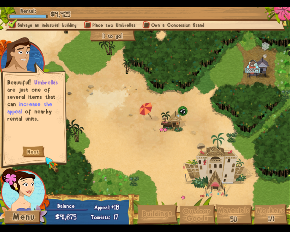 Coconut Queen (Windows) screenshot: Using an umbrella to increase the cabana's appeal.