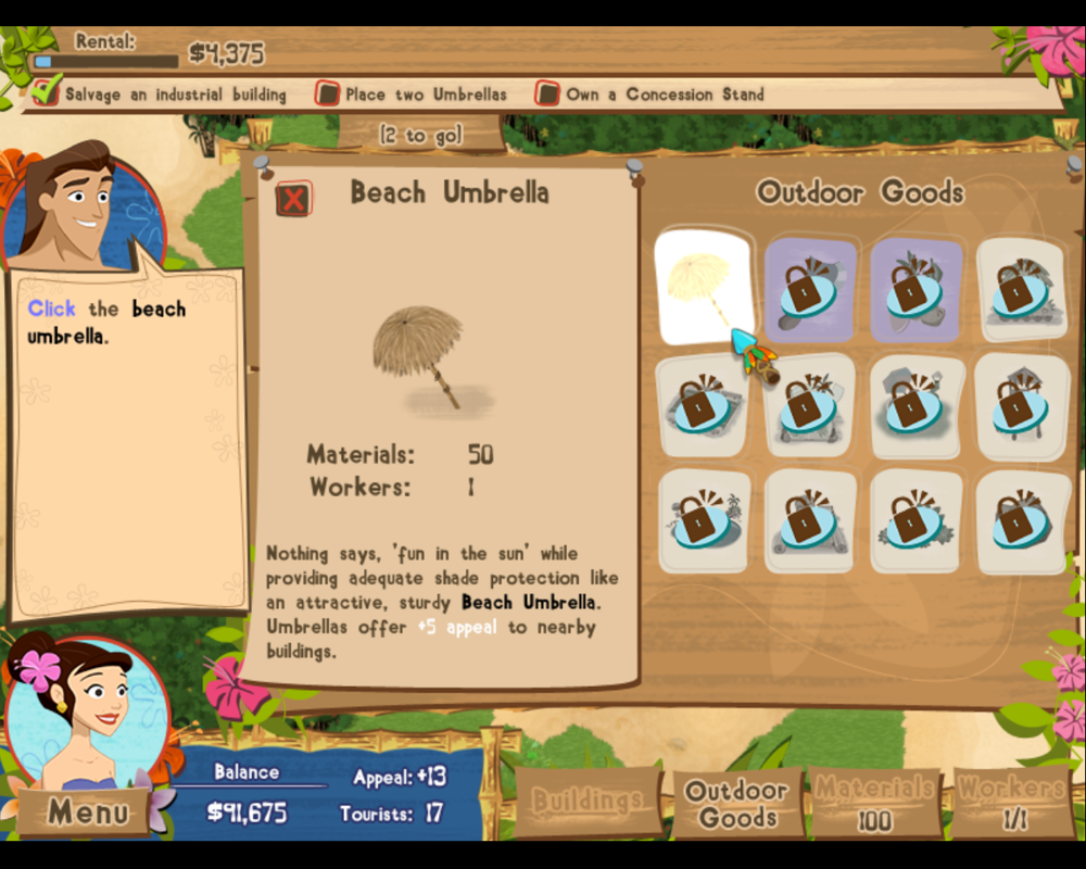Coconut Queen (Windows) screenshot: Outdoor goods