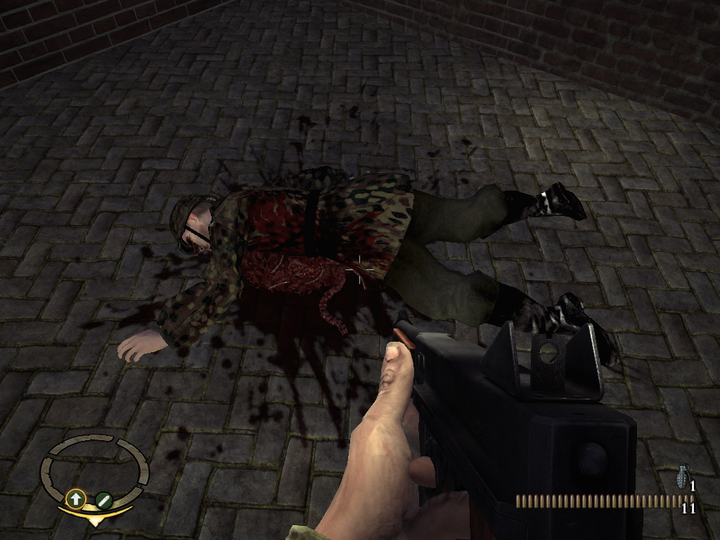 Brothers in Arms: Hell's Highway (Windows) screenshot: This nazi sniper is the best in the Netherlands front. Sorry he was the best sniper in the Netherlands front.