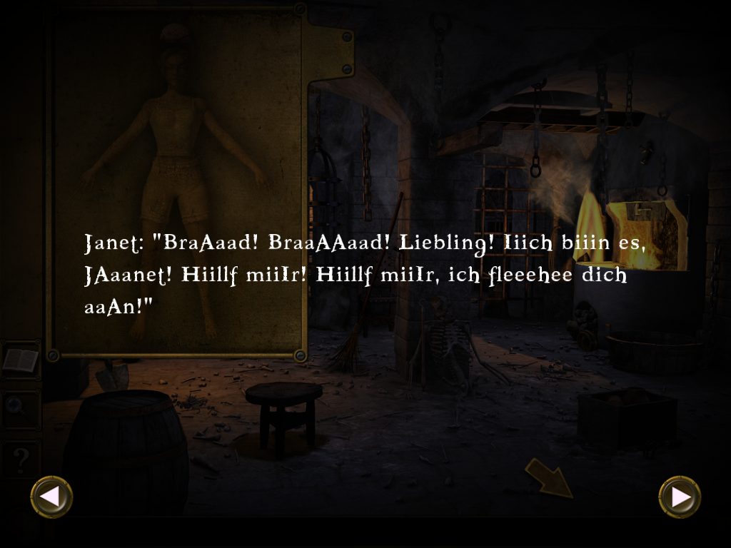 Frankenstein: The Dismembered Bride (Windows) screenshot: Janet crying for help (in German).
