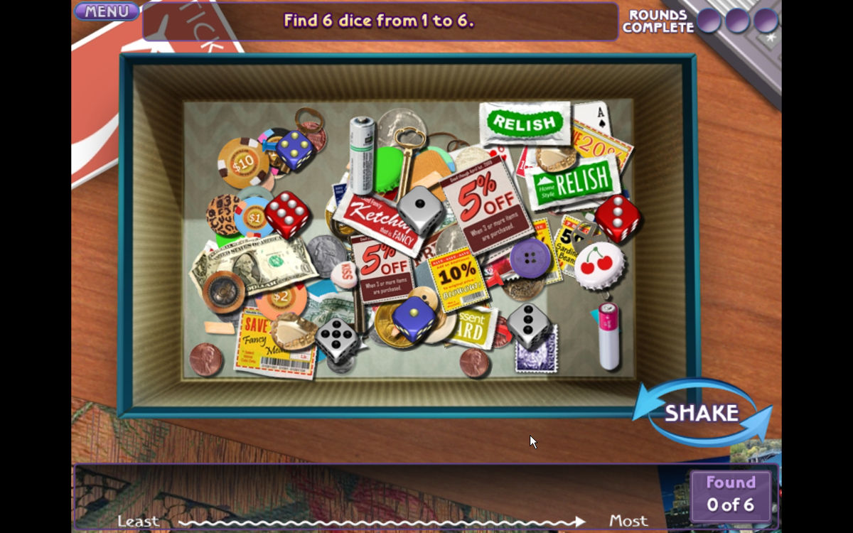 Little Shop: World Traveler (Windows) screenshot: Finding six dices from one to six.