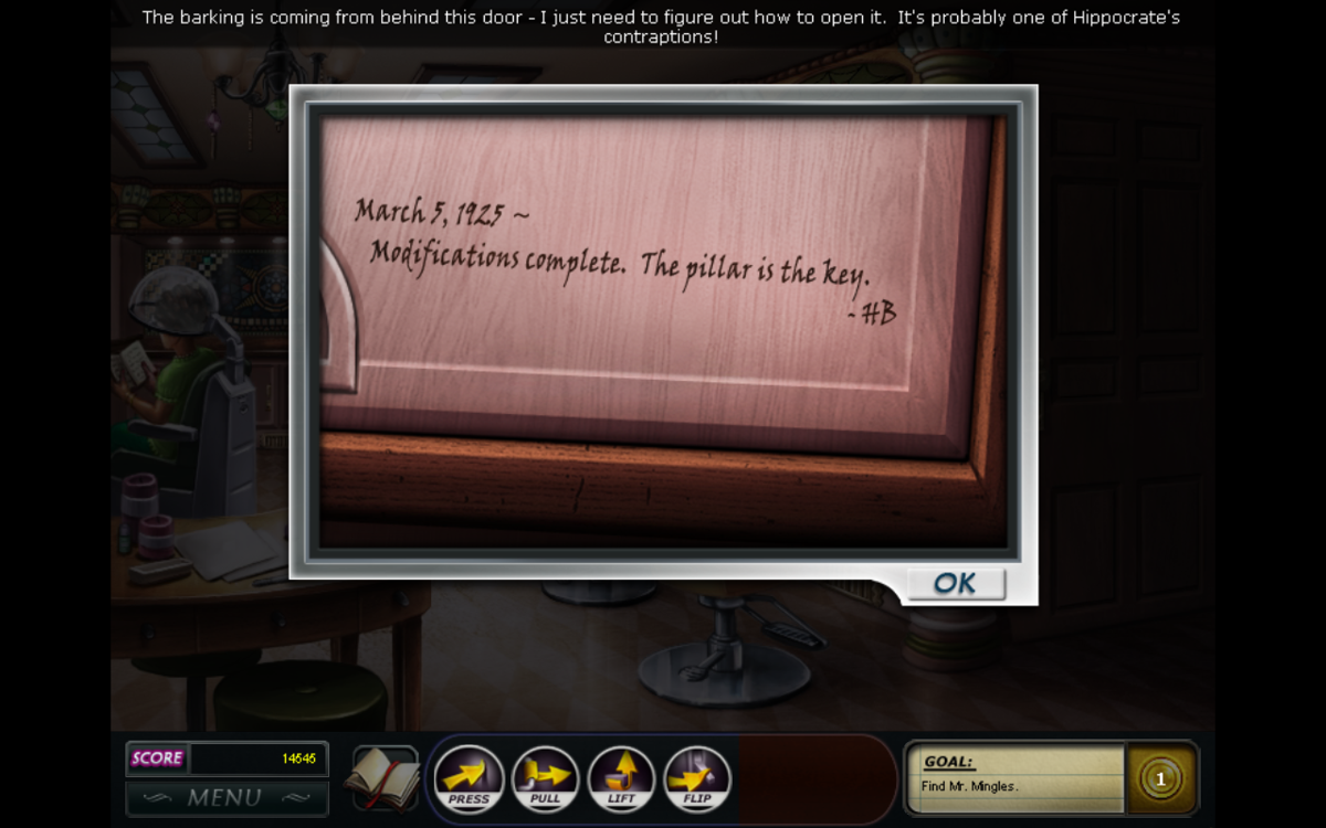 Nancy Drew Dossier: Resorting to Danger! (Windows) screenshot: Clue message left by Hippocrates Bell