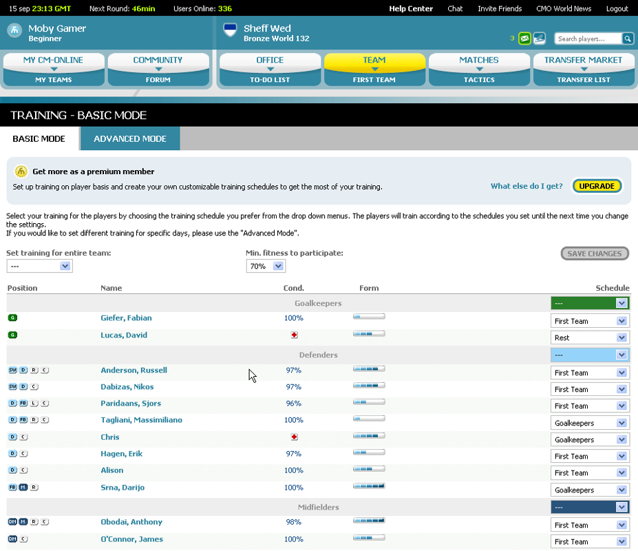 Championship Manager Online (Browser) screenshot: Training setup
