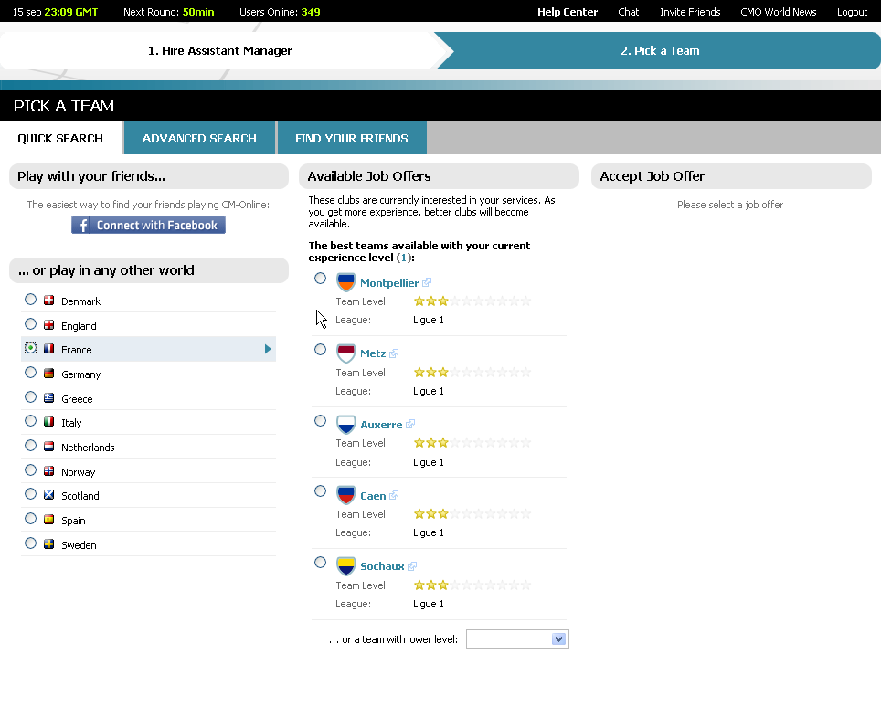 Championship Manager Online (Browser) screenshot: Pick a team.