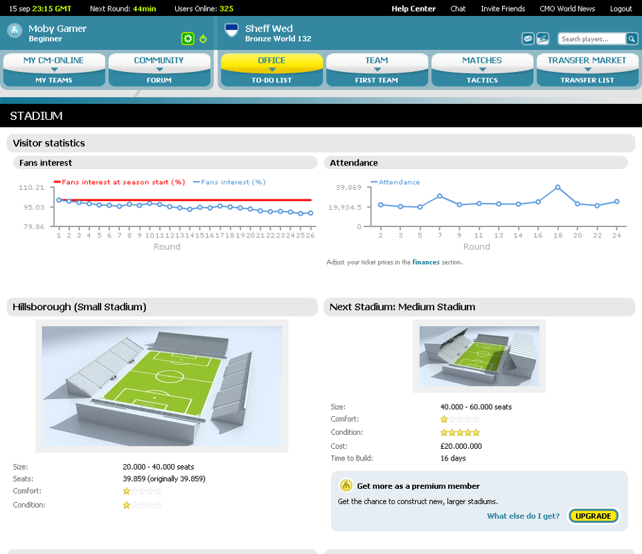 Championship Manager Online (Browser) screenshot: Stadium info