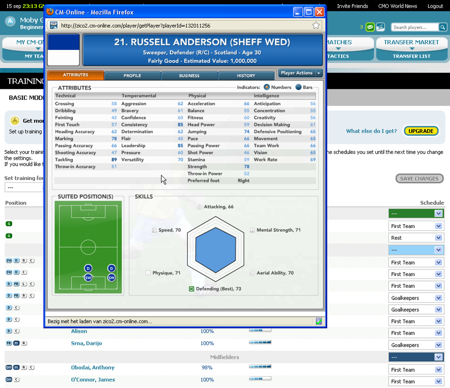Championship Manager Online (Browser) screenshot: A player's details in a pop-up window.