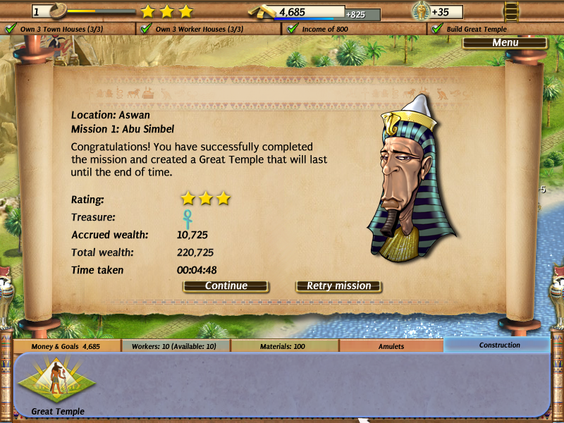 Empire Builder: Ancient Egypt (Windows) screenshot: Mission statistics