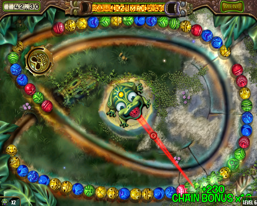 Zuma's Revenge! (Windows) screenshot: Level 6, with the aiming laser