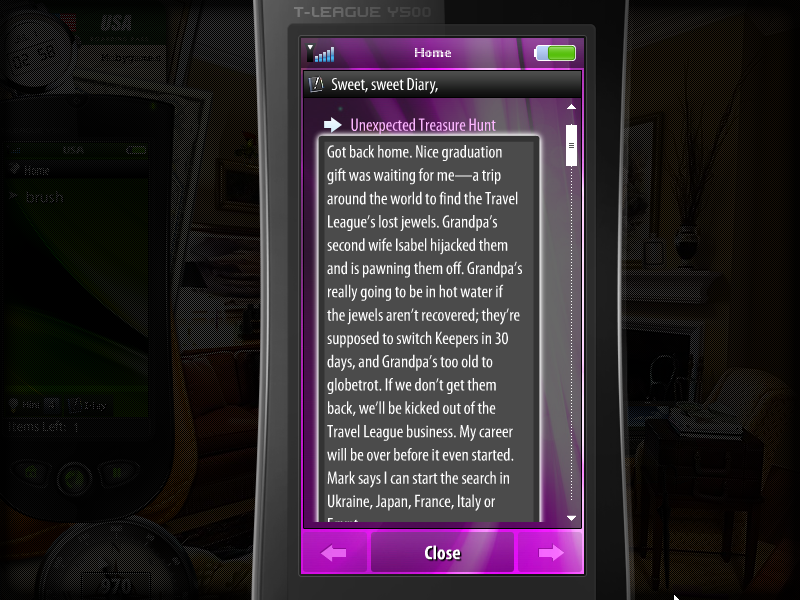 Travel League: The Missing Jewels (Windows) screenshot: Diary entry