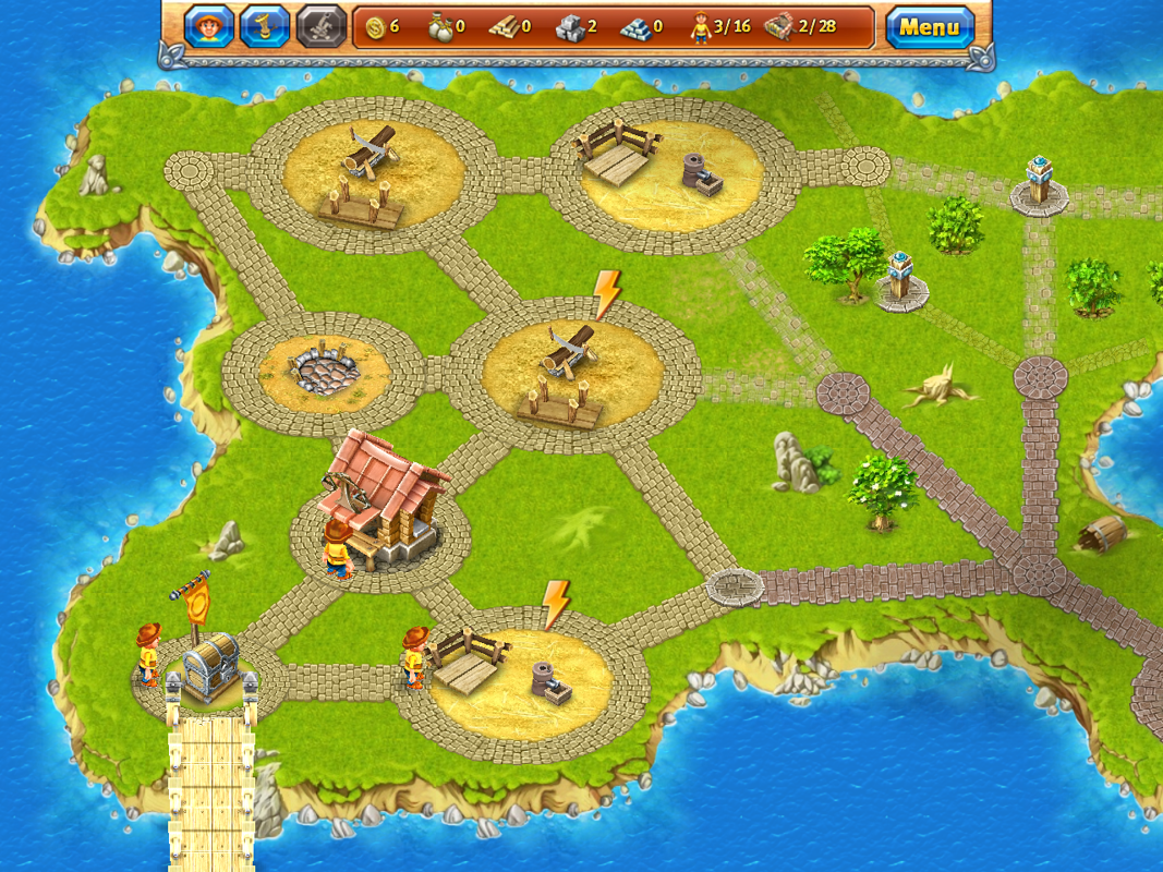 Island Realms (Windows) screenshot: Endangered buildings are marked with lightning bolts.