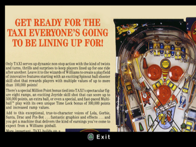 Pinball Hall of Fame: The Williams Collection (PlayStation 2) screenshot: Taxi flyer