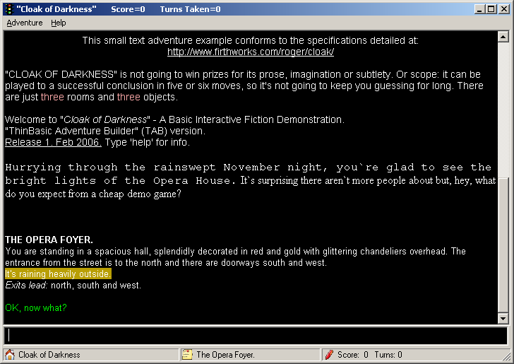Cloak of Darkness (Windows) screenshot: Starting location (TAB version)