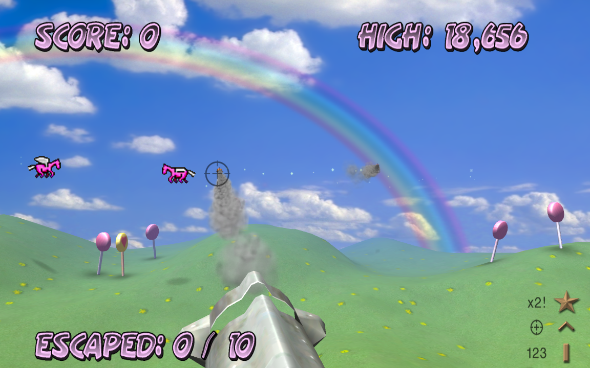 The Magical Flying Pink Pony Game (Macintosh) screenshot: Beginning a new game. I missed my first pony.