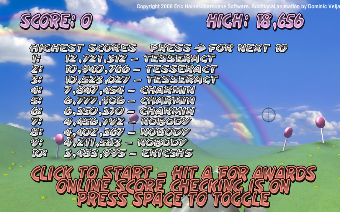 The Magical Flying Pink Pony Game (Macintosh) screenshot: The Title Screen, which is also the high score board.