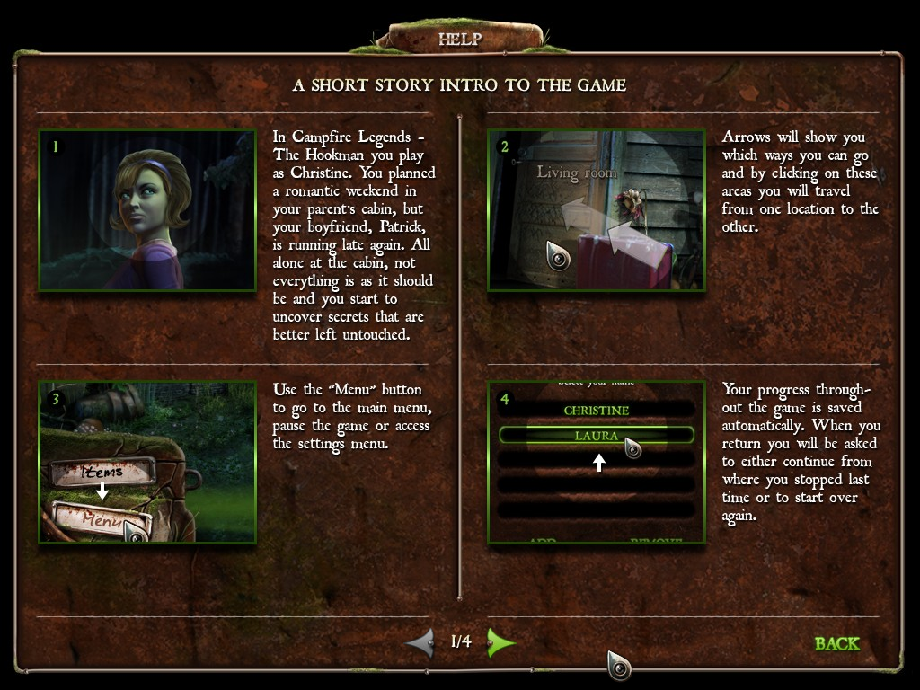 Campfire Legends: The Hookman (Windows) screenshot: Help screen
