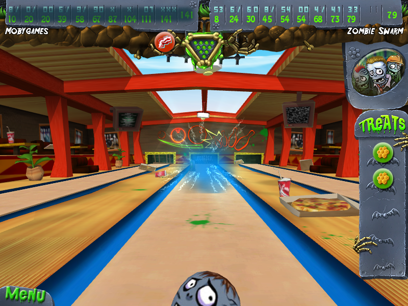 Zombie Bowl-O-Rama (Windows) screenshot: The electric cloud makes the player lose control of the ball.