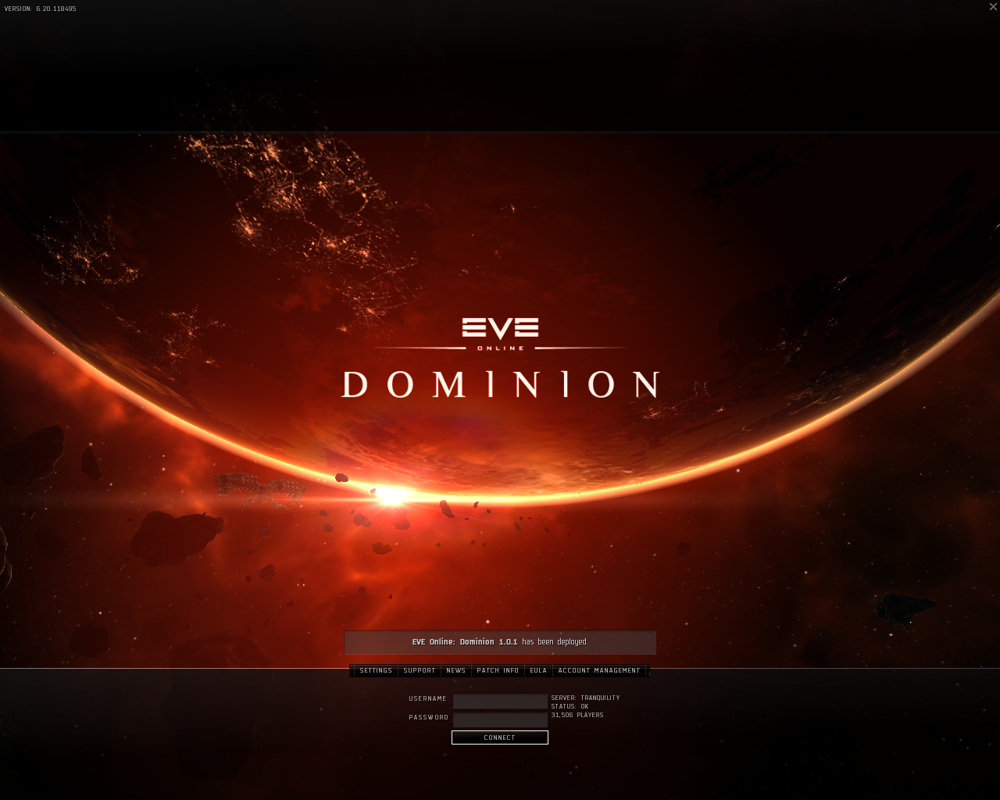 EVE Online (Windows) screenshot: Main menu (after the 12th expansion, Dominion)