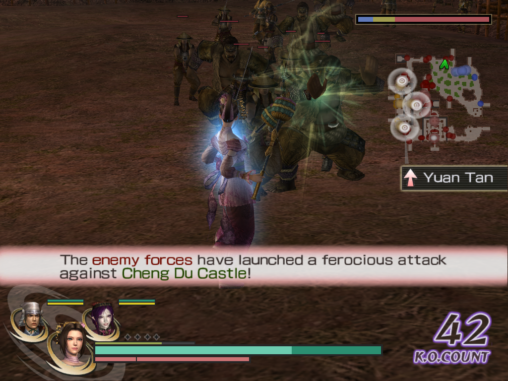Warriors Orochi (Windows) screenshot: Besides swordmen and spearmen, the enemy armies are made of different categories of soldiers. These sumos have an attack that can pass through your defense.