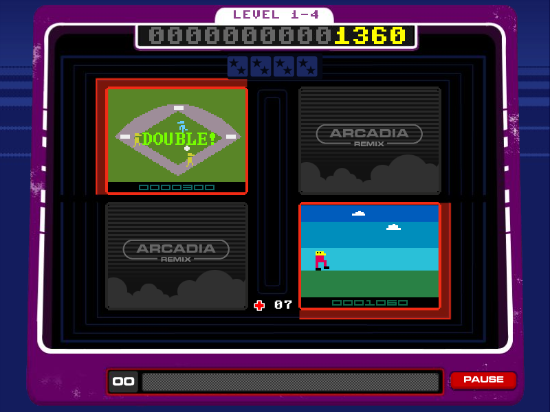 Arcadia Remix (Windows) screenshot: Trying to hit the ball without running into any monsters in the platformer
