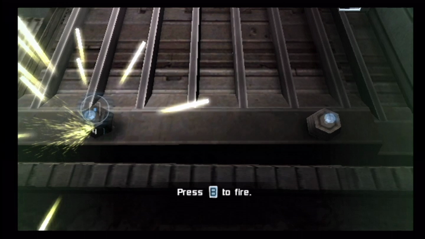 Dead Space: Extraction (Wii) screenshot: Using the rivet gun to bolt some track in place.