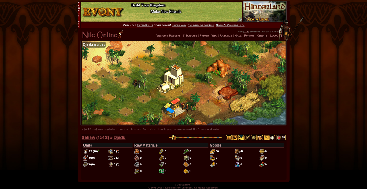 Immortal Cities: Nile Online (Browser) screenshot: About to start playing, not much happening yet.