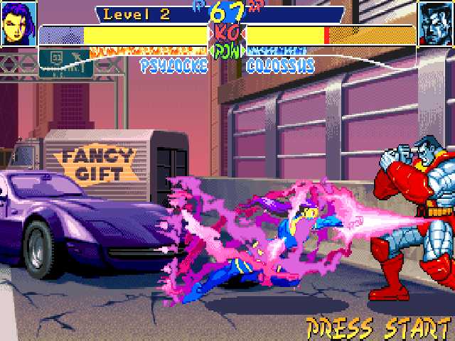 X-Men: Children of the Atom (DOS) screenshot: Psylocke's Psi-thrust is her Hyper X move. As it does not fully consume the power bar, you can chain with a second one during its execution.