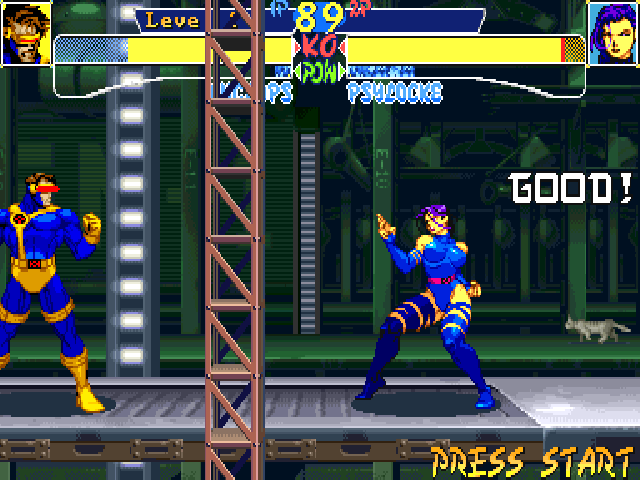 X-Men: Children of the Atom (DOS) screenshot: Levels scenery are made of multiple layers. Some levels will automatically scroll (through parallax scrolling), with sometimes objects in the front layer, like the girder here.