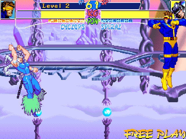 X-Men: Children of the Atom (DOS) screenshot: Some levels feature a breakable ground. After players fell on the ground a few times, it will break, the players and a few debris will fall, until they reach the new ground.