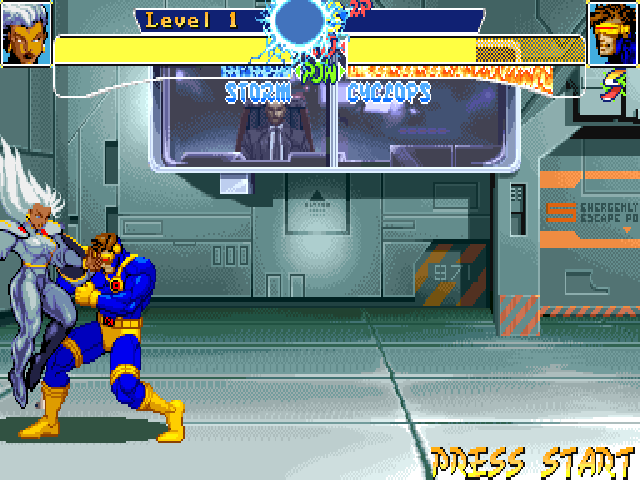 X-Men: Children of the Atom (DOS) screenshot: One of Storm's air regular moves releases a relatively slow electric ball in the air. You can spot Professor X behind the glass, watching over the fighters.