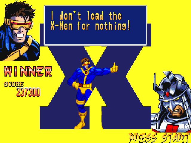 X-Men: Children of the Atom (DOS) screenshot: After the match, the winner always has a quote to taunt the loser. Unless the winner is CPU-controlled, you also see the score of the winner.