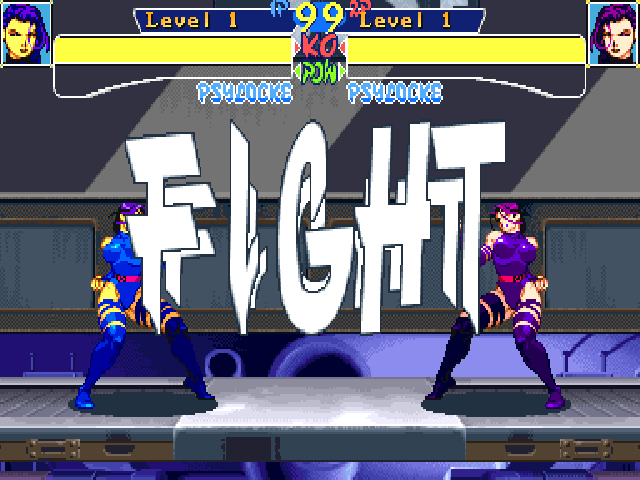 X-Men: Children of the Atom (DOS) screenshot: When two players select the same character, the costume of the second character will have a different colour, helping to distinguish each one from the other.