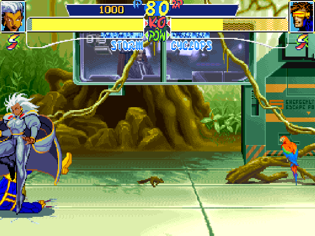 X-Men: Children of the Atom (DOS) screenshot: The Danger room can switch to different aspects. For instance, here it simulates a jungle environment.
