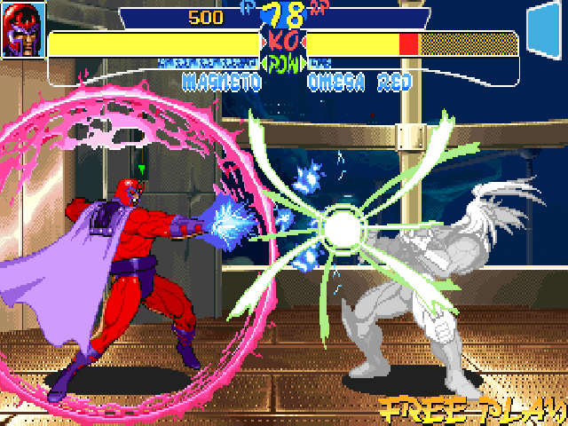 X-Men: Children of the Atom (DOS) screenshot: One of Magneto's super move is Force field. For a brief moment, it will block any projectile or any attack! But his attacks can still get out!!!