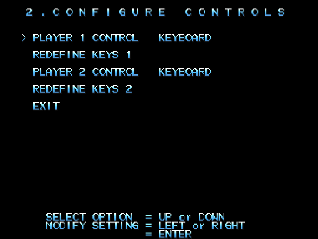 X-Men: Children of the Atom (DOS) screenshot: This menu allows you to specify if you want to play with a joystick/joypad (if you have one) or the keyboard. You can also redefine the keys for each player.