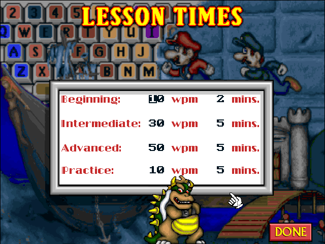 Mario Teaches Typing 2 (Windows) screenshot: The Lesson Times screen let you adjust the time you want a test session to last. You can also specify the Words Per Minute objective in each test of a level needed to receive a certificate.