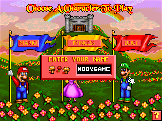 Mario Teaches Typing 2 (Windows) screenshot: After selecting New Student, you can choose to play as Mario, the Princess or Luigi. Then you enter your name, which will be used as your profile.
