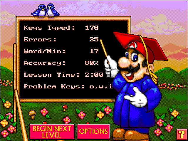Mario Teaches Typing 2 (Windows) screenshot: In case some keys caused you higher than average trouble during the test, you will be notified in the Problem Keys area at the bottom of the statistics screen.