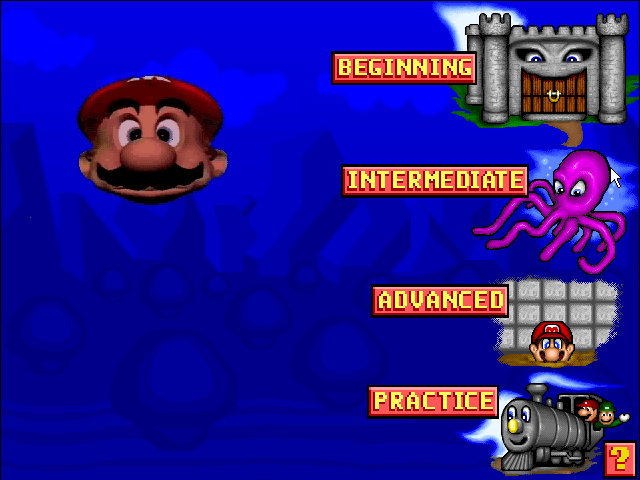 Mario Teaches Typing 2 (Windows) screenshot: If you select Choose a Level to Play, you access the level submenu. Beginning tests you on one key at a time, Intermediate on isolated words, Advanced on sentences.