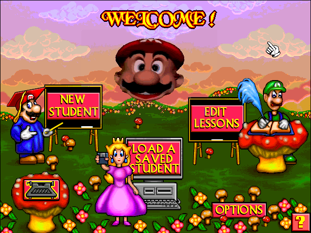 Mario Teaches Typing 2 (Windows) screenshot: This is the main menu screen. The first time you start the game you will be greeted by an animated and talking Mario head. This can be disabled in the Options menu.