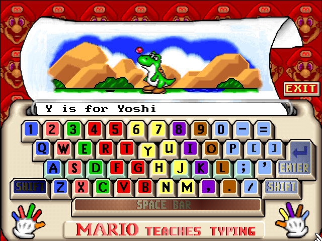 Mario Teaches Typing 2 (Windows) screenshot: The Typewriter will bring a colored typewriter displaying the finger/keys positions, which key you just pressed and an animation about an object/character whose name starts with the key.