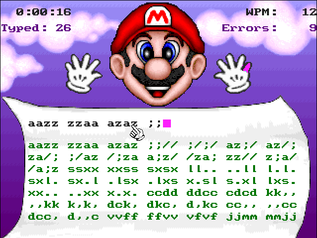 Mario Teaches Typing 2 (Windows) screenshot: Practice mode is similar to Timed Evaluation, although it does not have the limited time constraint and, unlike Timed Evaluation, allows you to train on other things than complete sentences.