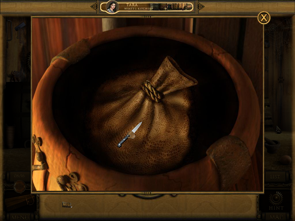 The Dark Hills of Cherai (Windows) screenshot: Opening a bag with a knife.